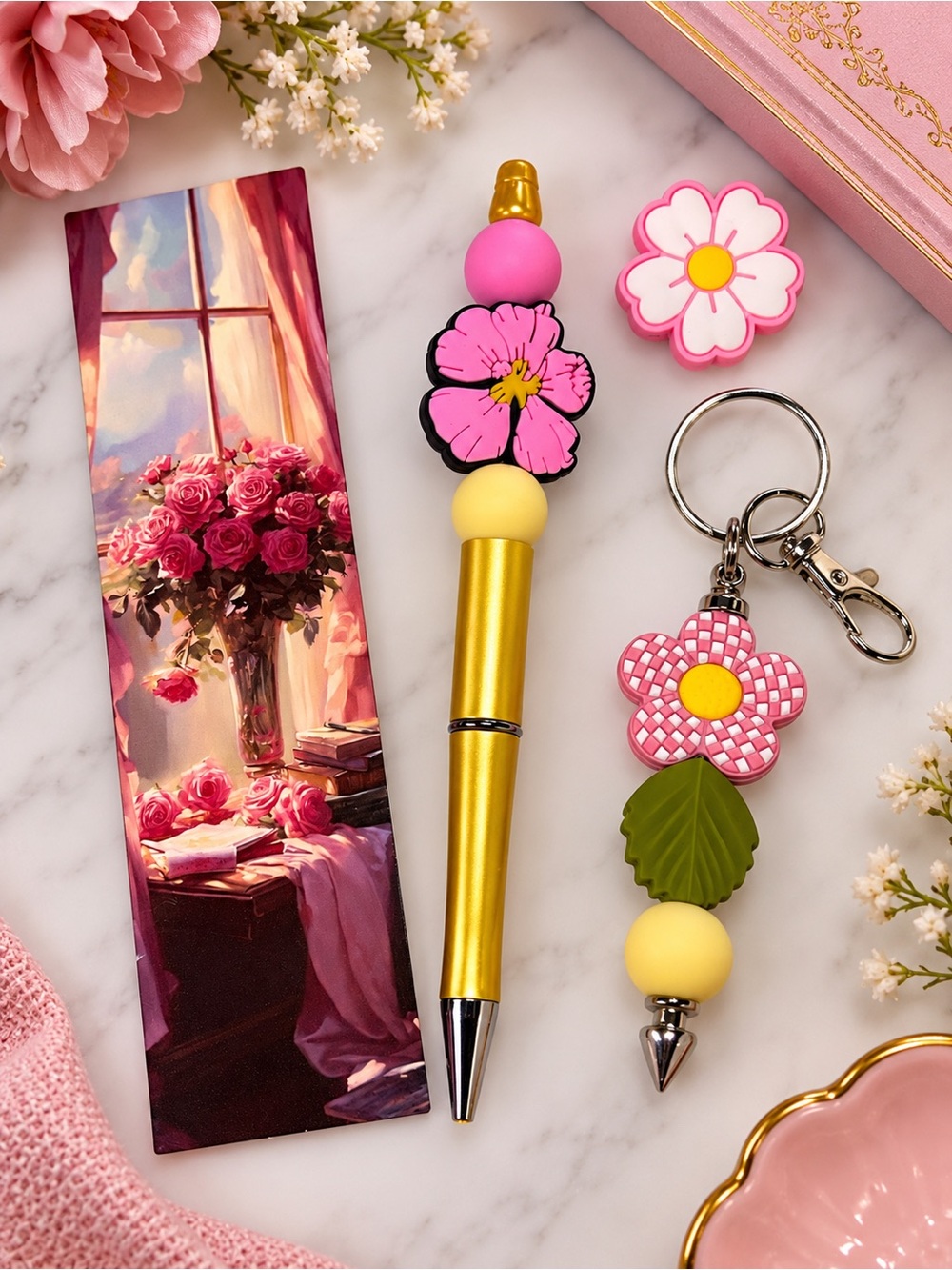 Gold Floral Ballpoint Pen with Pink Flower Accent
